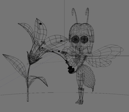 персонаж пчелы во вьюпорте Blender'а - режим визуализации: сетка