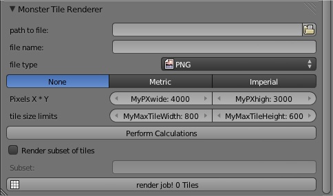Панель скрипта Monster Tile Renderer во вкладке Render программы Blender 2.65